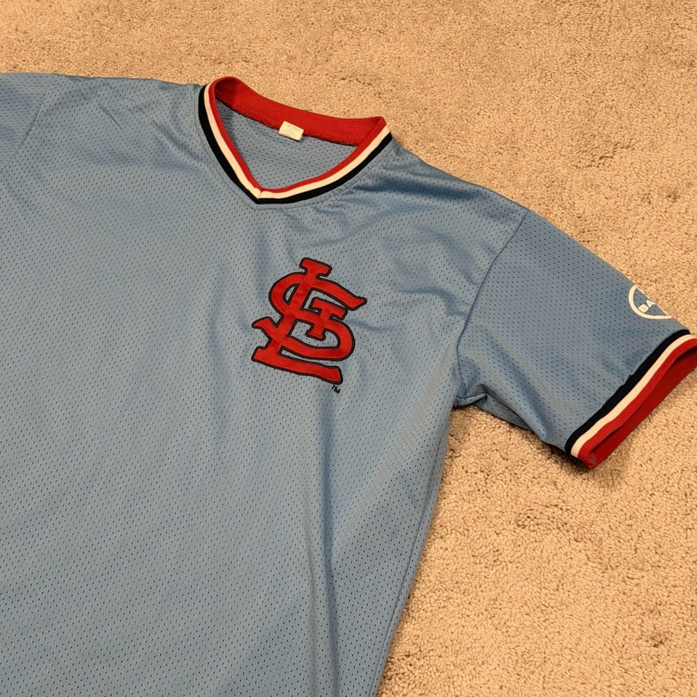 MLB St Louis Cardinals Mens XL Light Blue Mesh V-Neck Baseball Jersey Logo Shirt